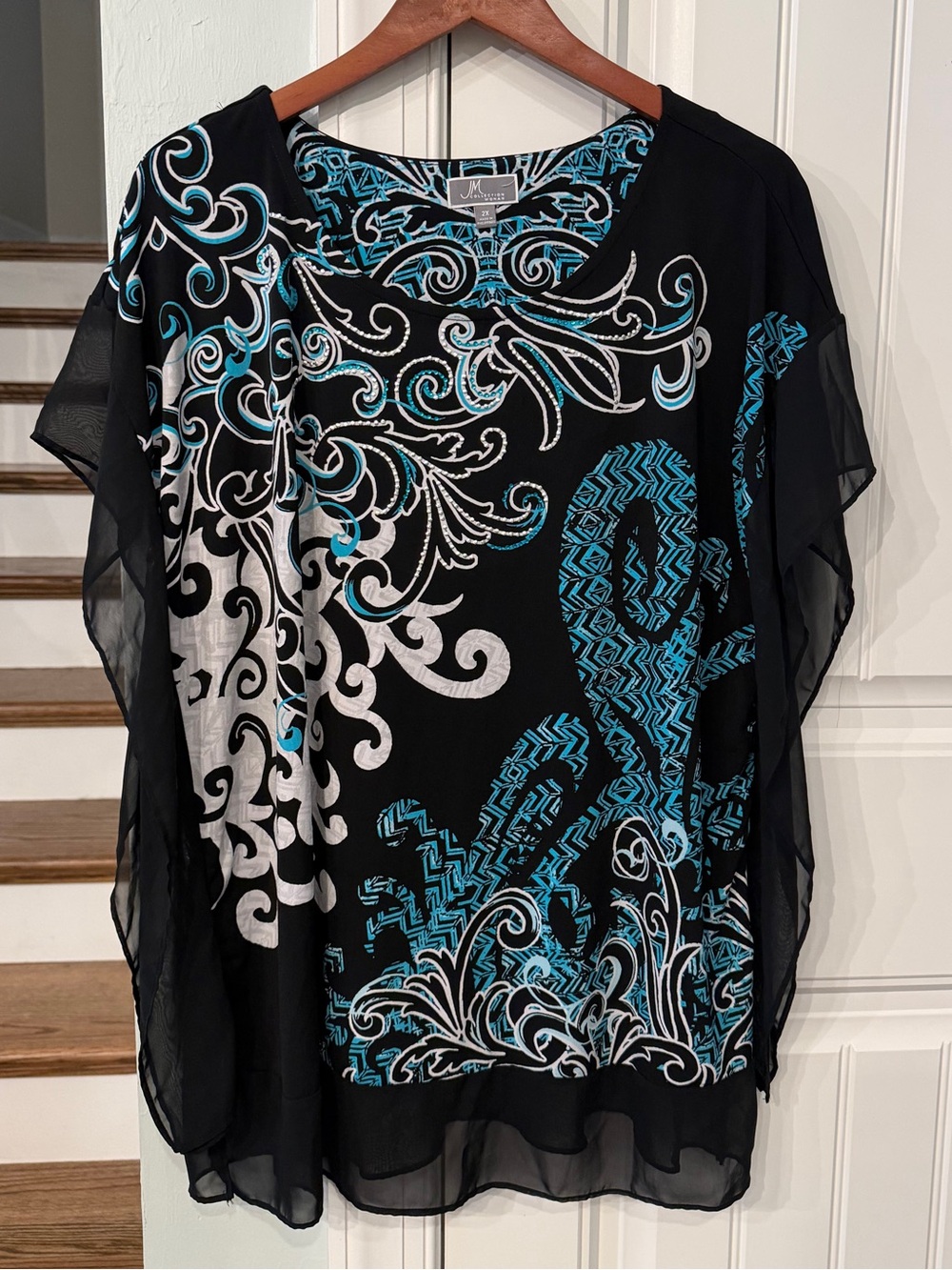 JM Collection Woman 2X Y2K Embellished Chiffon Overlay Blouse Turquoise Black